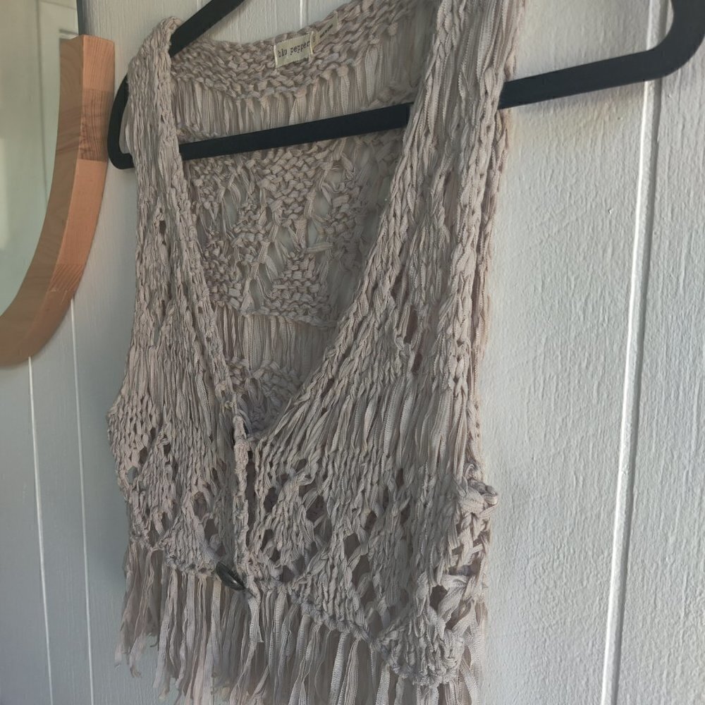 Crochet Vest by Blu Pepper.  4" fringe , cream color, 2 buttons, lightweight. S - Picture 4 of 5